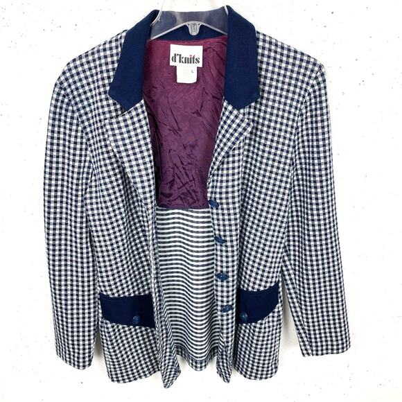 Vintage d'knits Womens Gingham Blazer 3 Button Navy White Notch Collar Medium - Picture 12 of 12